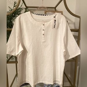 Minibee Linen Blend Button Top Textured XXL Lagenlook Minimalist cream/white NWT